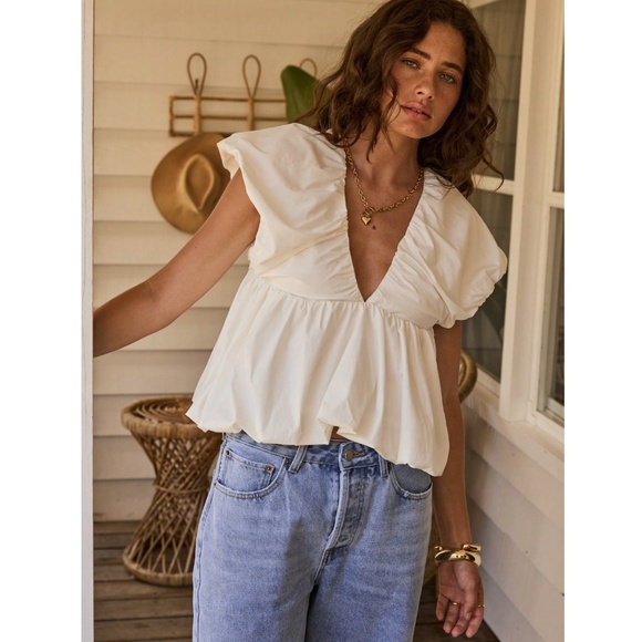 White Puff Top V-Neck Short Sleeve Tie Back Babydoll Style - Picture 5 of 8